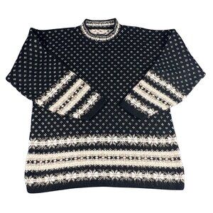 Vintage Black & Beige Knit Sweater, Geometric Pattern, Cozy Winter | Size L
